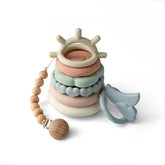 Stacking Teething Rings, BPA-free silicone sensory toy with pacifier clip for 6+ months, unisex