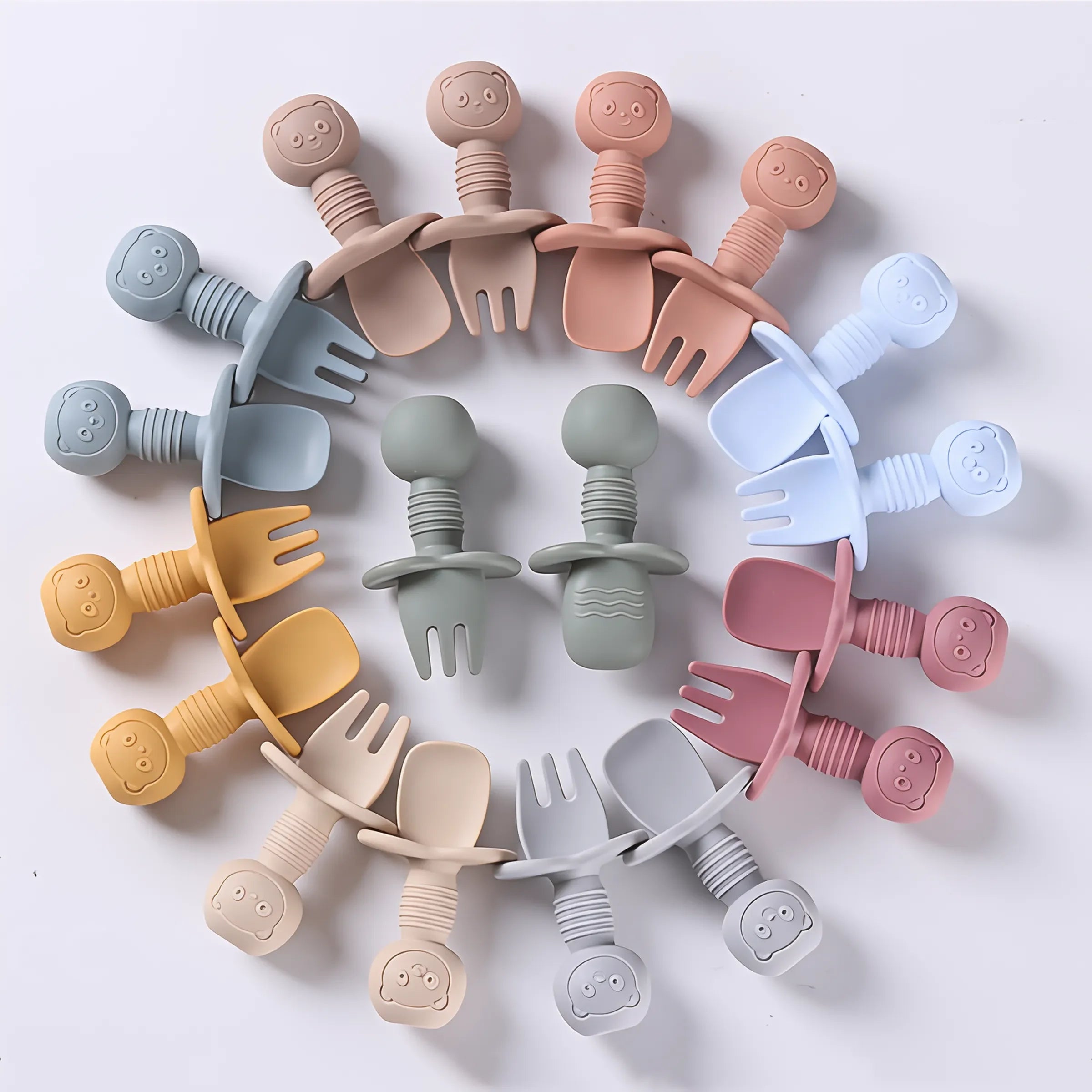 2pcs Silicone Baby Spoon Fork Set, BPA-free safe cutlery with wooden handle for 0-2 years, unisex