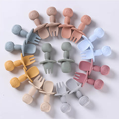 2pcs Silicone Baby Spoon Fork Set, BPA-free safe cutlery with wooden handle for 0-2 years, unisex
