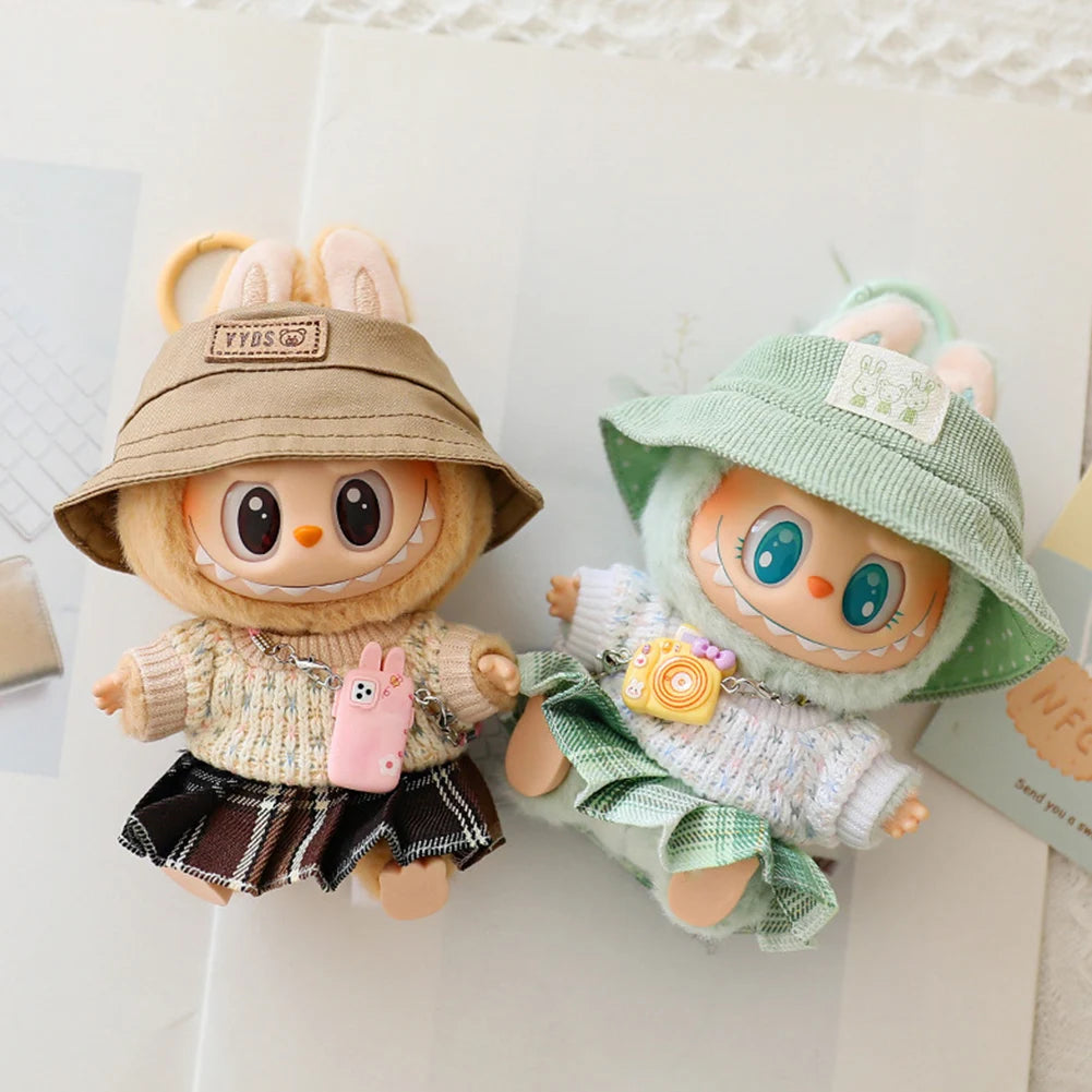 Kawaii Bear Dress for Labubu, Soft Plush Outfit with Hat and Pendant