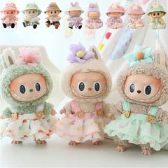 Kawaii Bear Dress for Labubu, Soft Plush Outfit with Hat and Pendant