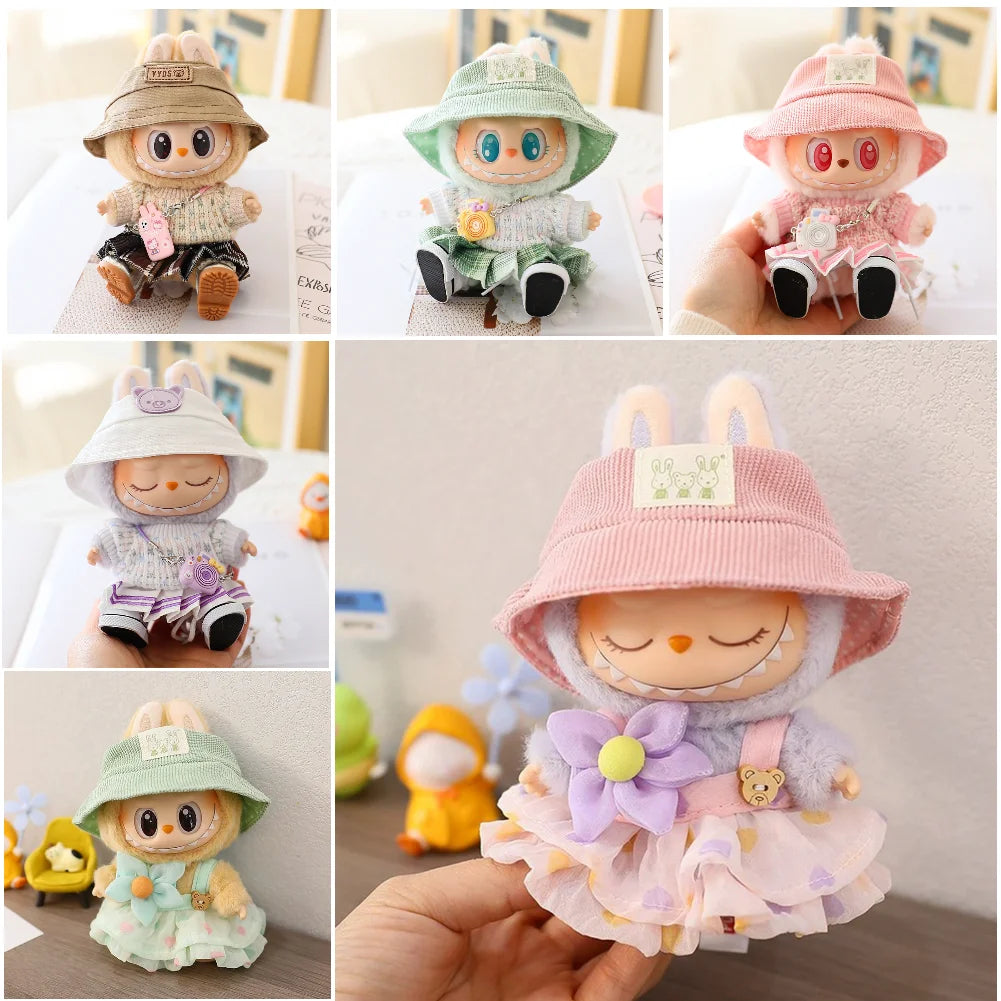 Kawaii Bear Dress for Labubu, Soft Plush Outfit with Hat and Pendant