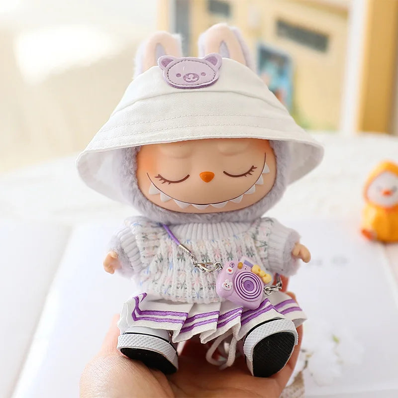 Kawaii Bear Dress for Labubu, Soft Plush Outfit with Hat and Pendant