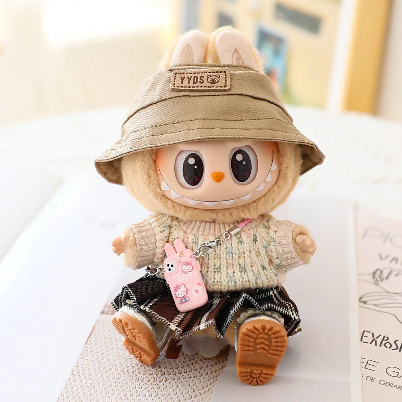Kawaii Bear Dress for Labubu, Soft Plush Outfit with Hat and Pendant