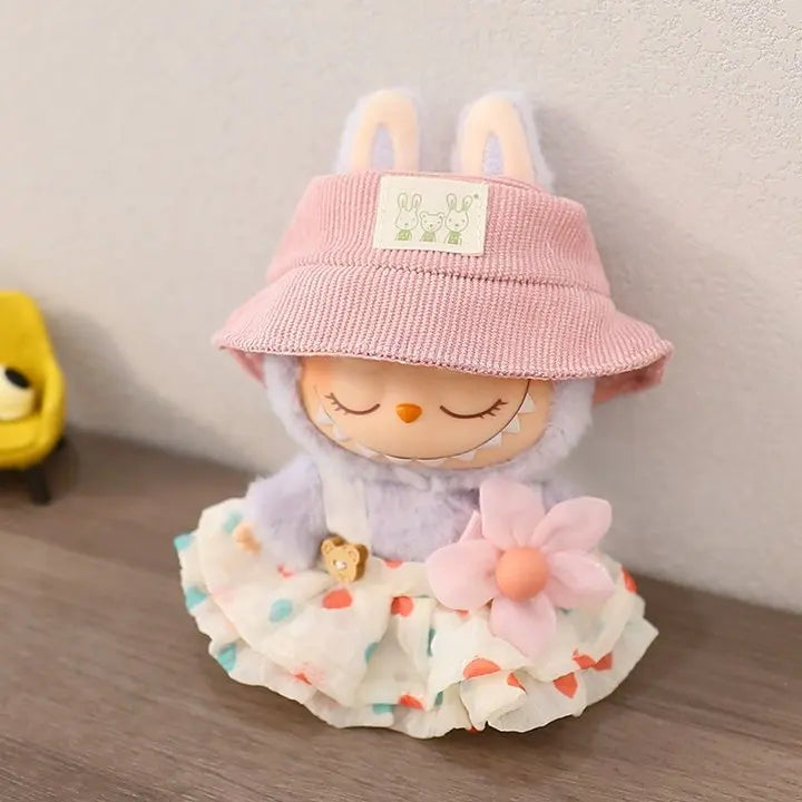 Kawaii Bear Dress for Labubu, Soft Plush Outfit with Hat and Pendant
