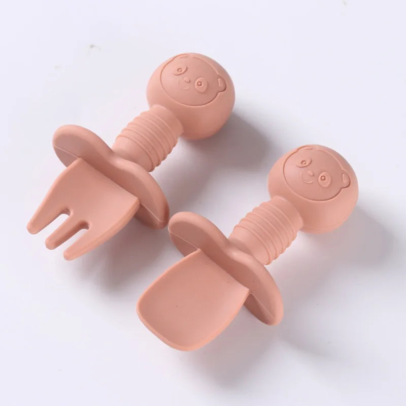 2pcs Silicone Baby Spoon Fork Set, BPA-free safe cutlery with wooden handle for 0-2 years, unisex