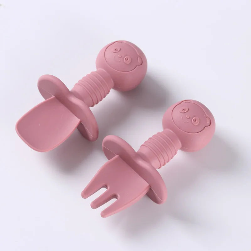 2pcs Silicone Baby Spoon Fork Set, BPA-free safe cutlery with wooden handle for 0-2 years, unisex