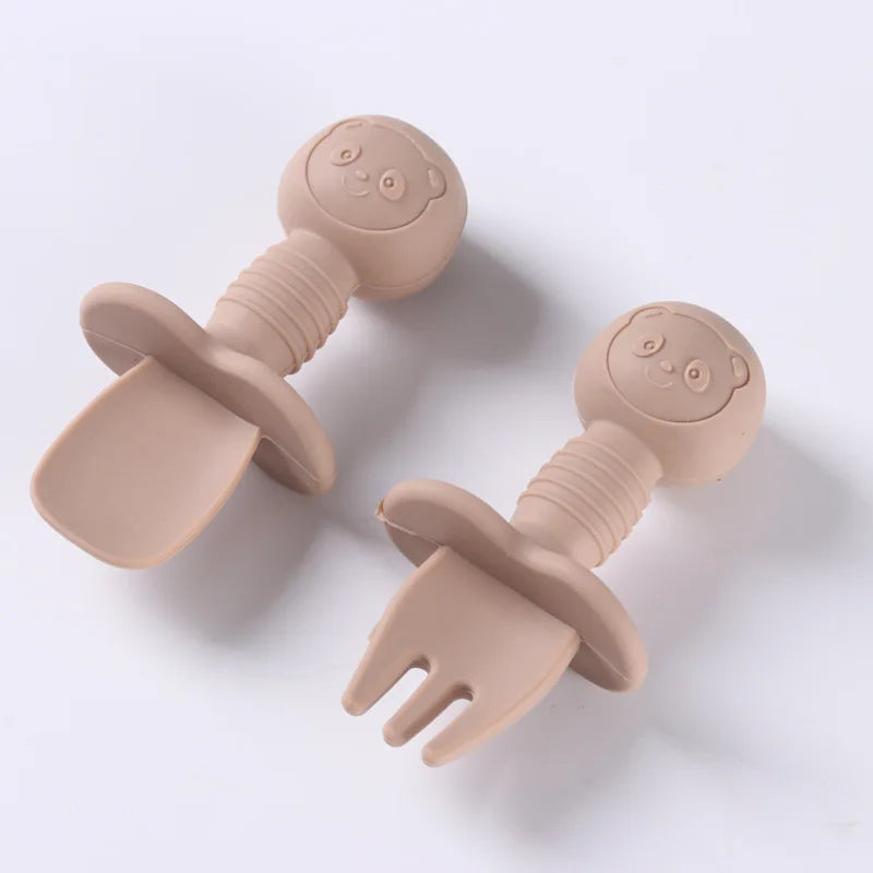 2pcs Silicone Baby Spoon Fork Set, BPA-free safe cutlery with wooden handle for 0-2 years, unisex