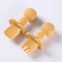 2pcs Silicone Baby Spoon Fork Set, BPA-free safe cutlery with wooden handle for 0-2 years, unisex