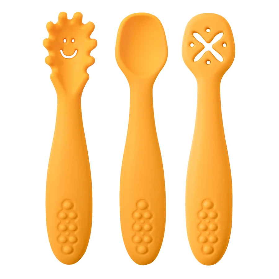 3pcs Silicone Baby Learning Spoons, BPA-free safe utensils for 0-2 years, unisex