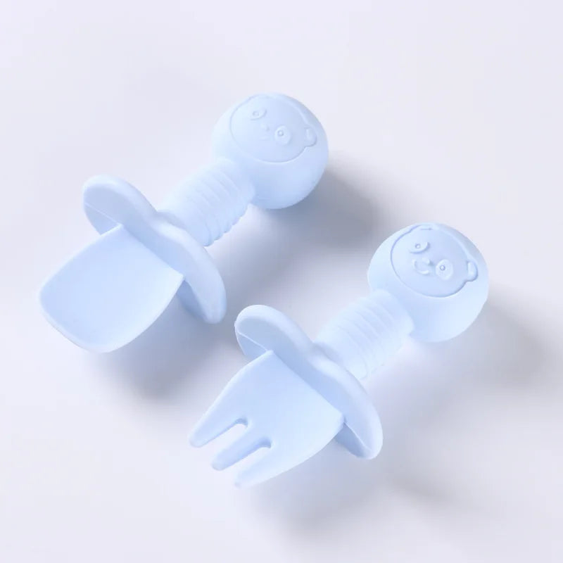 2pcs Silicone Baby Spoon Fork Set, BPA-free safe cutlery with wooden handle for 0-2 years, unisex