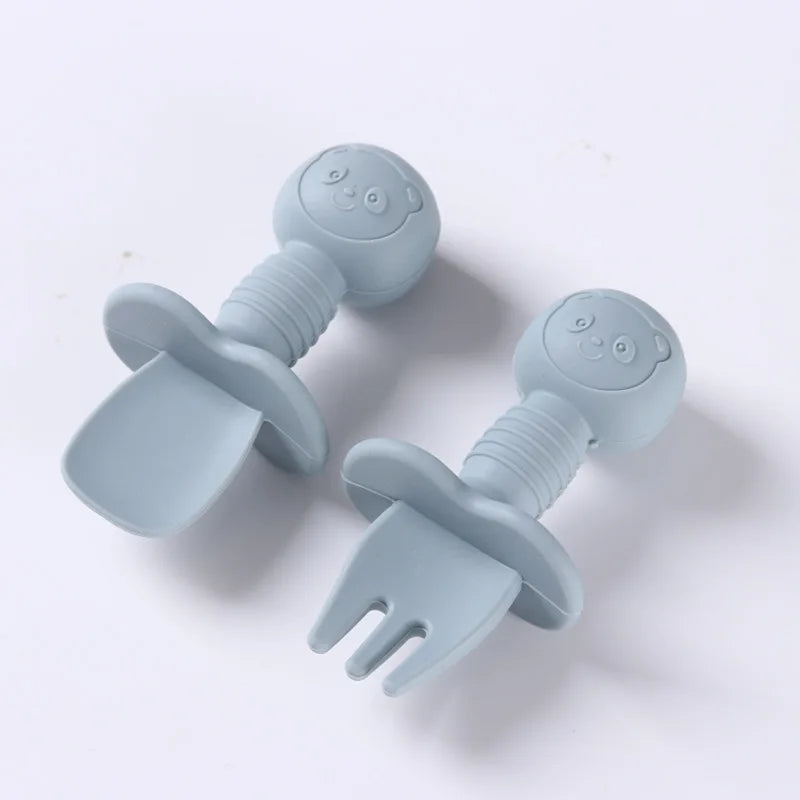 2pcs Silicone Baby Spoon Fork Set, BPA-free safe cutlery with wooden handle for 0-2 years, unisex