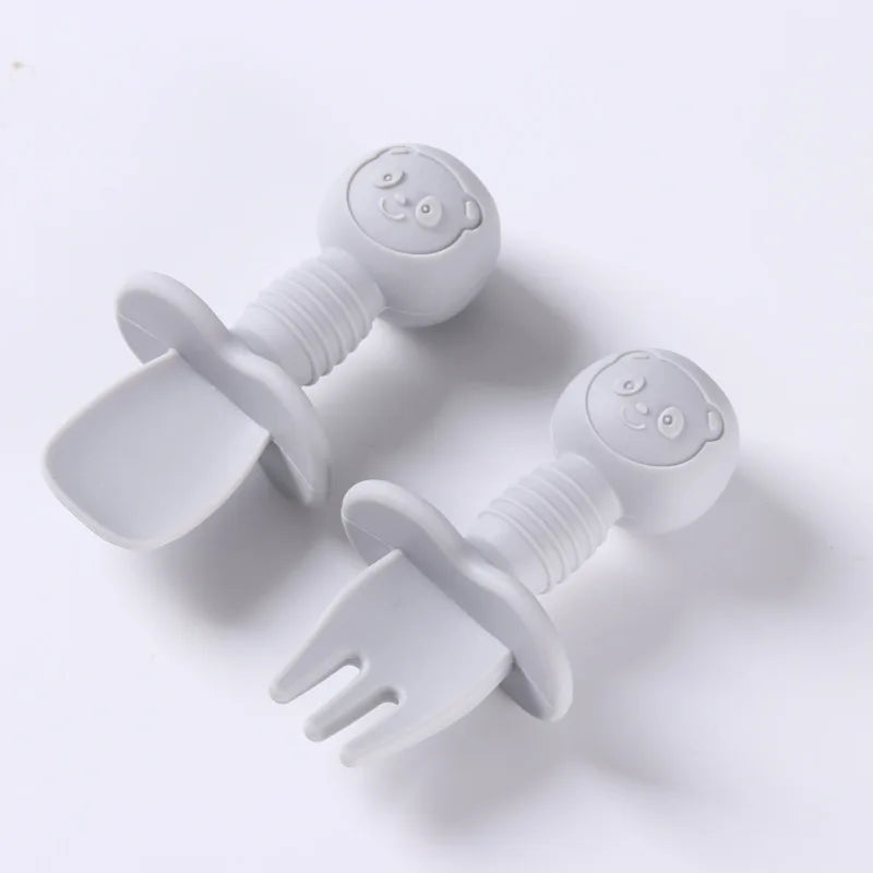2pcs Silicone Baby Spoon Fork Set, BPA-free safe cutlery with wooden handle for 0-2 years, unisex