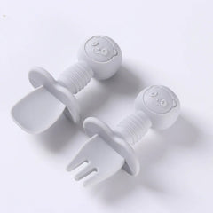 2pcs Silicone Baby Spoon Fork Set, BPA-free safe cutlery with wooden handle for 0-2 years, unisex