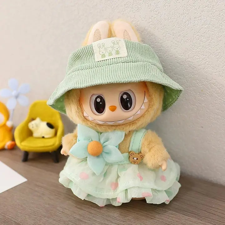 Kawaii Bear Dress for Labubu, Soft Plush Outfit with Hat and Pendant